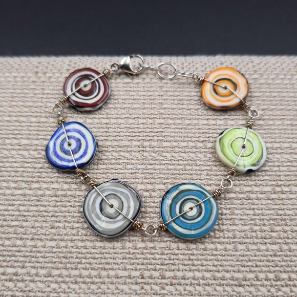 Jewelry - 7+1 Inch Sterling Silver Handmade Wire Swirling Glass Bracelet A6544